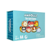 Anirollz The Card Game box front, featuring cute kawaii animal character illustrations. For ages 6+, 2–6 players, 15 minutes. Contains 93 cards, rule book, and 21 character tokens.