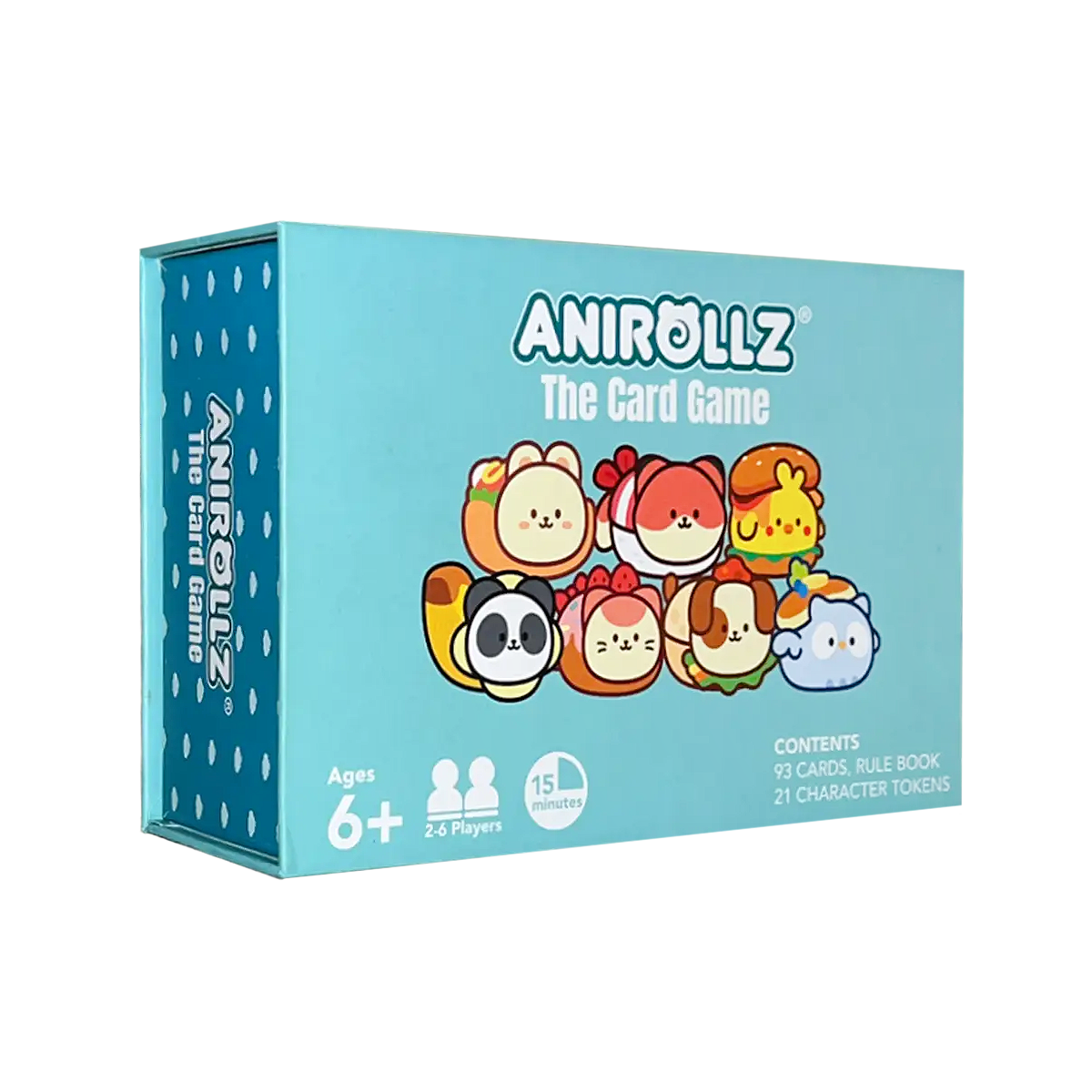 Anirollz The Card Game box front, featuring cute kawaii animal character illustrations. For ages 6+, 2–6 players, 15 minutes. Contains 93 cards, rule book, and 21 character tokens.