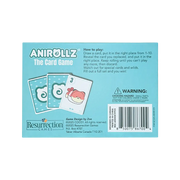Anirollz The Card Game box back showing gameplay instructions, sample cards, and a choking hazard warning. Published by Resurrection Games, designed by Zoe, ©2025 COOSY