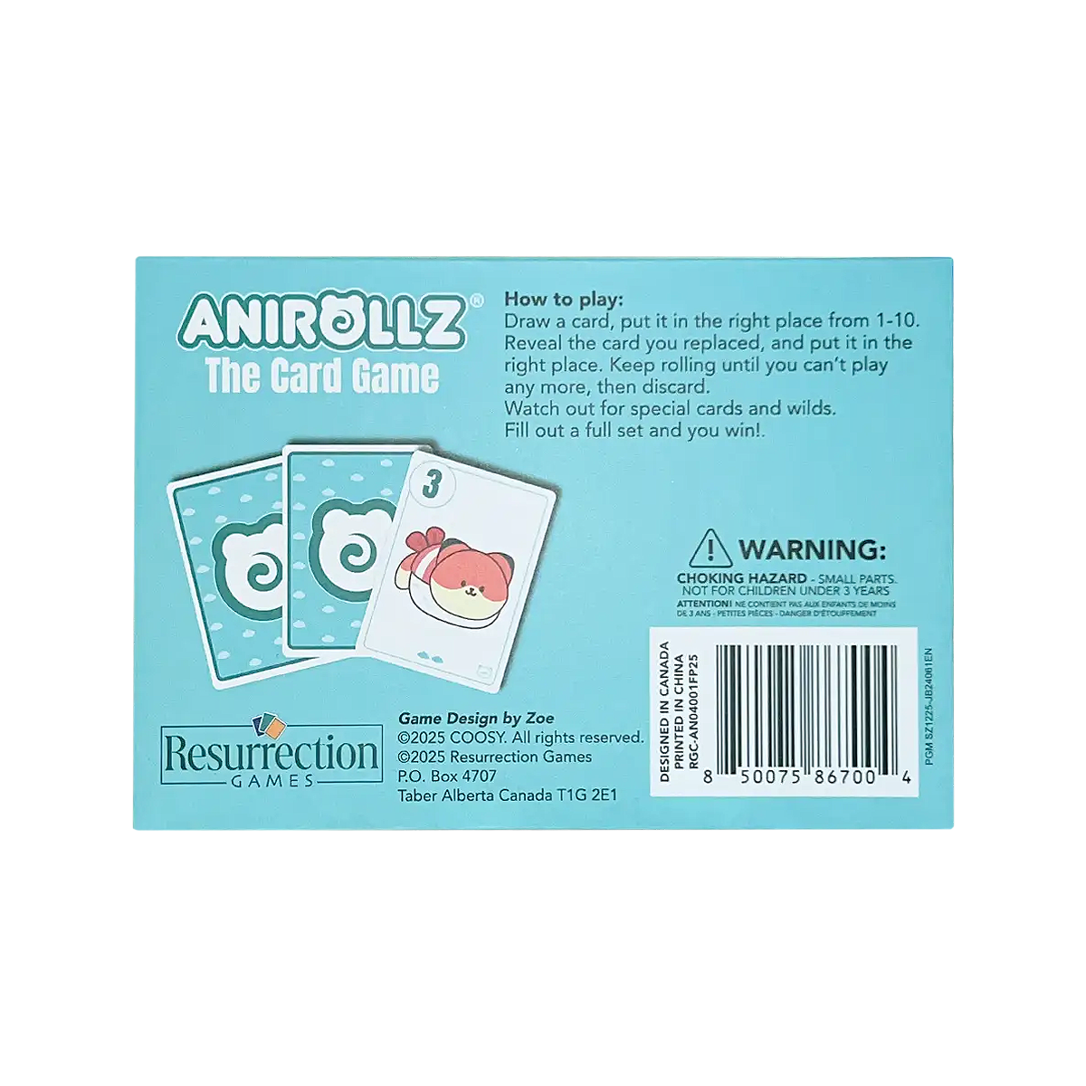 Anirollz The Card Game box back showing gameplay instructions, sample cards, and a choking hazard warning. Published by Resurrection Games, designed by Zoe, ©2025 COOSY