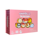 Anirollz The Card Game pink box front, featuring cute kawaii animal character illustrations. For ages 6+, 2–6 players, 15 minutes. Contains 93 cards, rule book, and 21 character tokens.