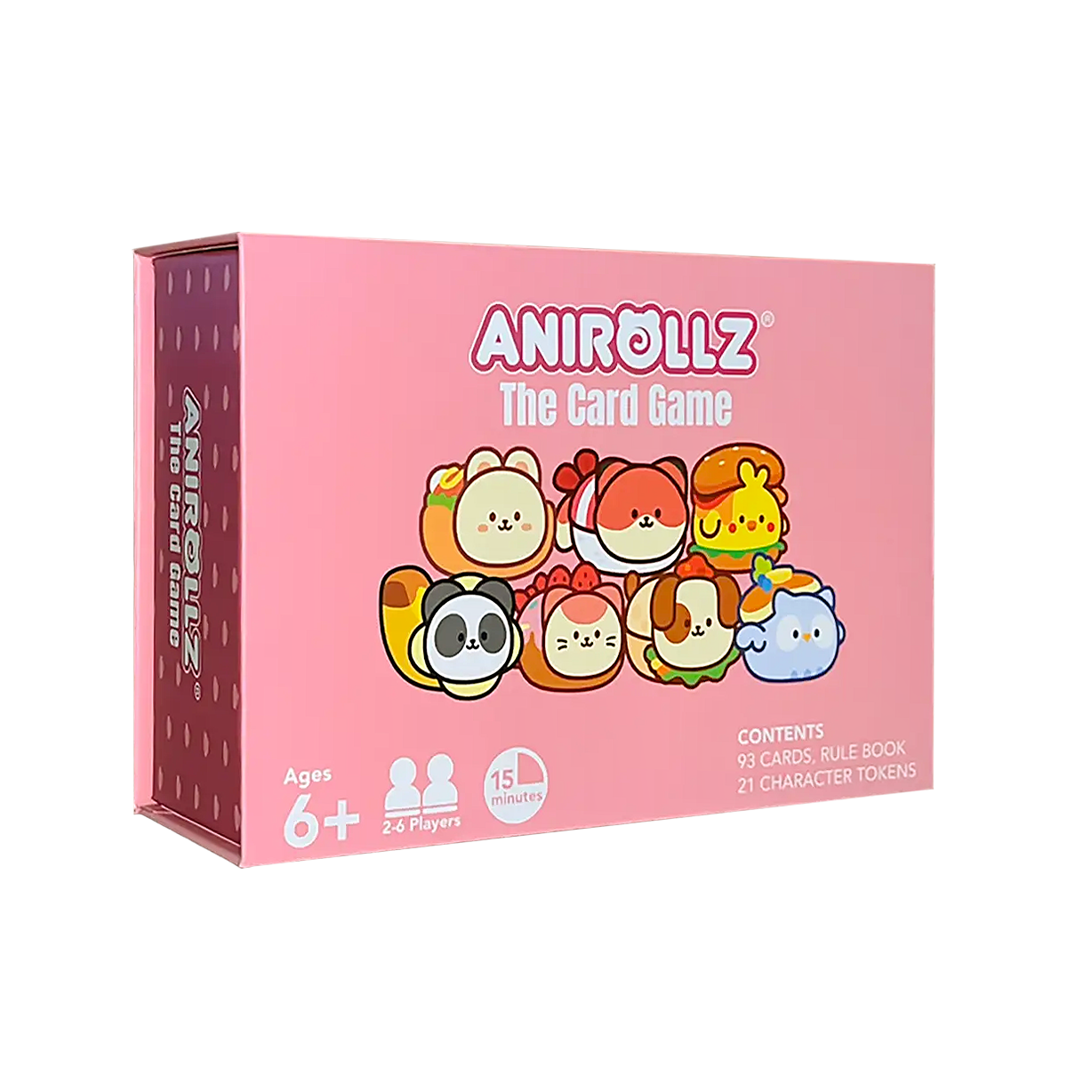 Anirollz The Card Game pink box front, featuring cute kawaii animal character illustrations. For ages 6+, 2–6 players, 15 minutes. Contains 93 cards, rule book, and 21 character tokens.