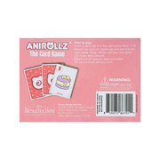 Anirollz The Card Game pink box back showing gameplay instructions, sample cards, and a choking hazard warning. Published by Resurrection Games, designed by Zoe, ©2025 COOSY.