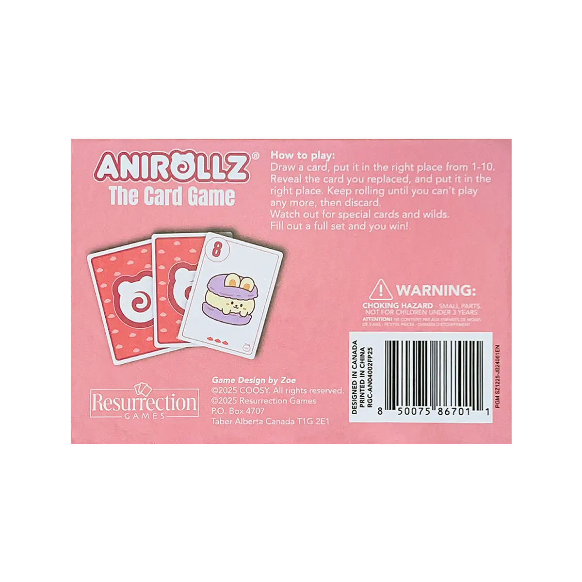 Anirollz The Card Game pink box back showing gameplay instructions, sample cards, and a choking hazard warning. Published by Resurrection Games, designed by Zoe, ©2025 COOSY.