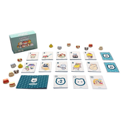 Anirollz The Card Game contents spread out, including the game box, rulebook, numbered cards 1–10 featuring kawaii Anirollz characters, special action cards, and 21 small wooden character tokens