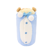Underside of bear onesie plush showing the white front panel with blue embroidered button details