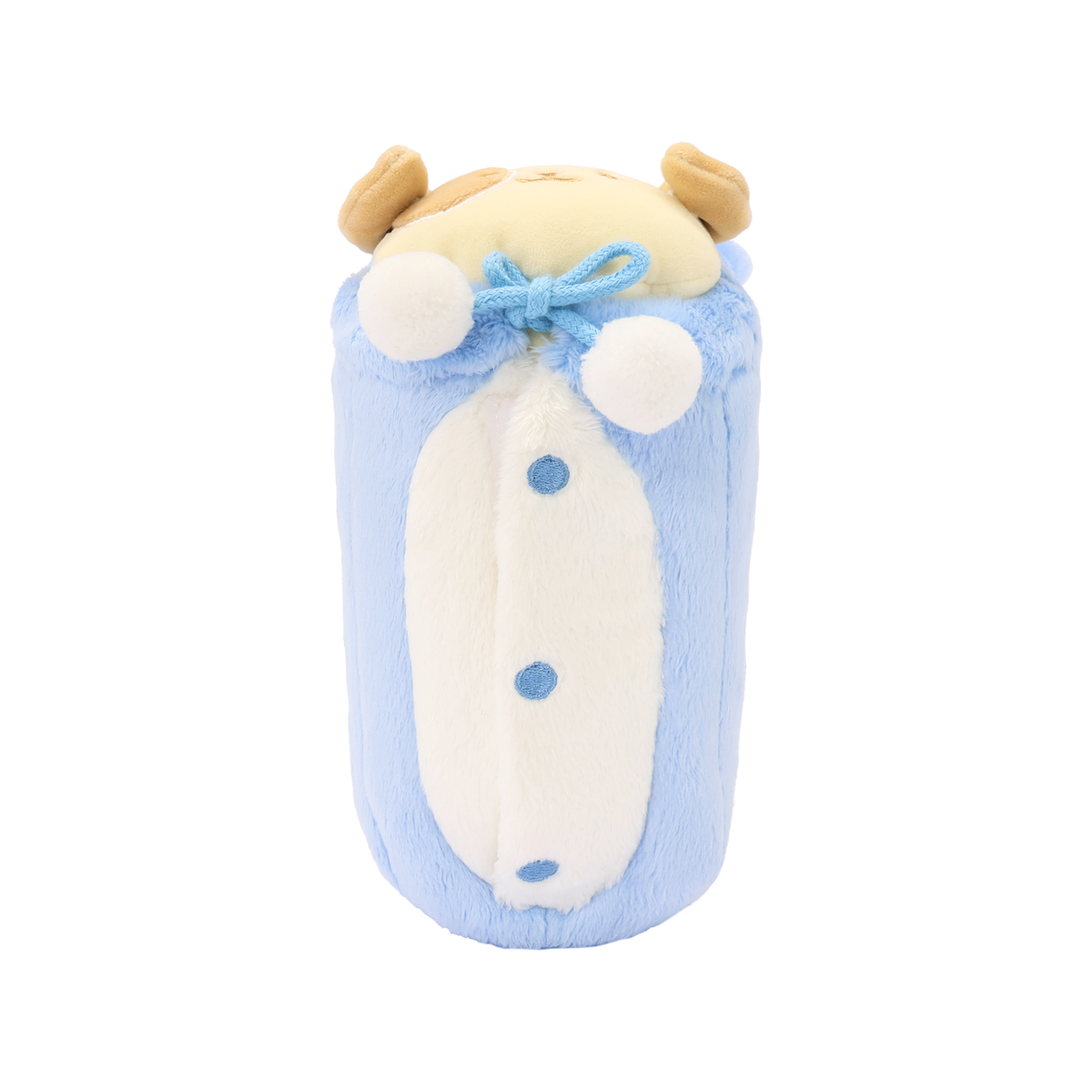 Underside of bear onesie plush showing the white front panel with blue embroidered button details