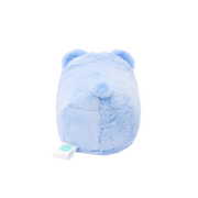 Back of blue bear onesie plush with round ears and a small round pompom tail