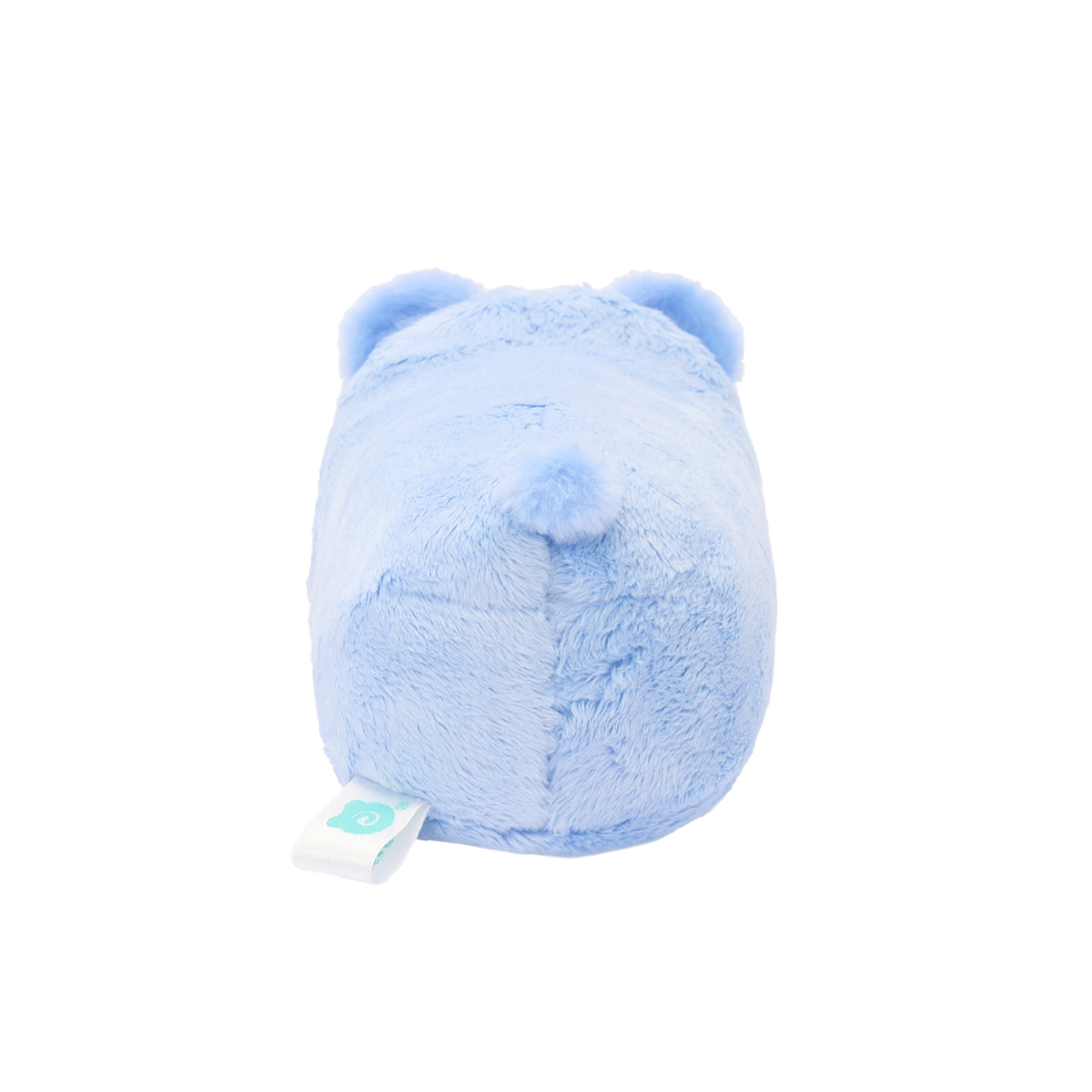 Back of blue bear onesie plush with round ears and a small round pompom tail