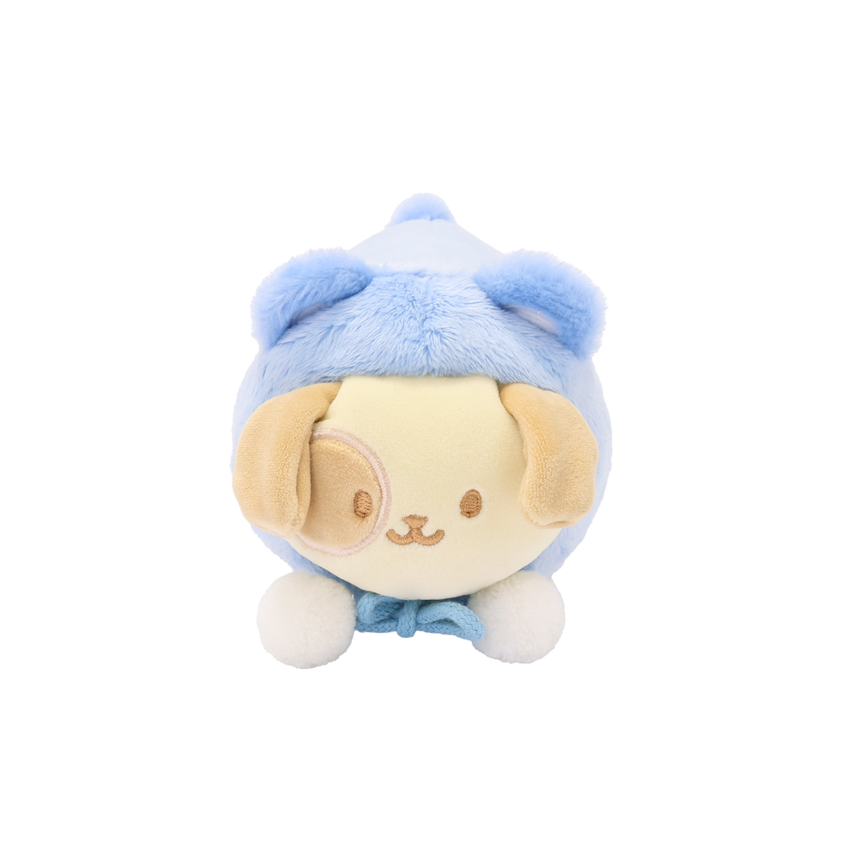 Front of Puppiroll plush in a blue bear onesie with round ears and a blue cord with white pompoms