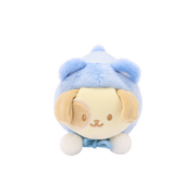 Front of Puppiroll plush in a blue bear onesie with round ears and a blue cord with white pompoms