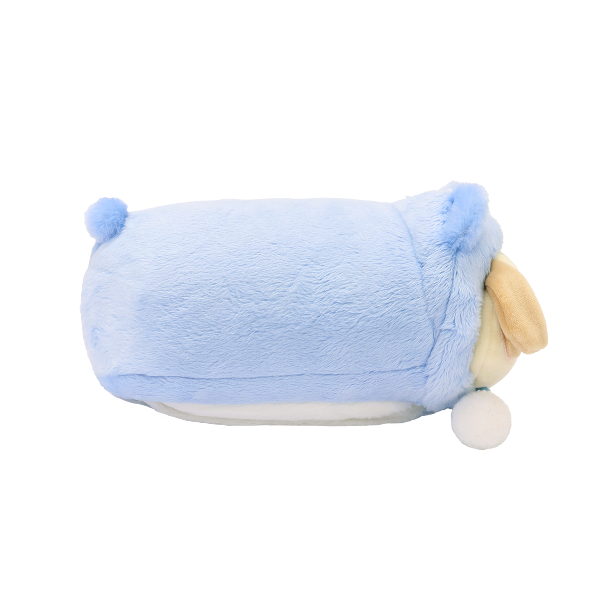 Side view of Bear Onesie Puppiroll plush showing the round bear ears and blue pompom tail