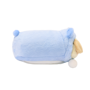 Side view of Bear Onesie Puppiroll plush showing the round bear ears and blue pompom tail