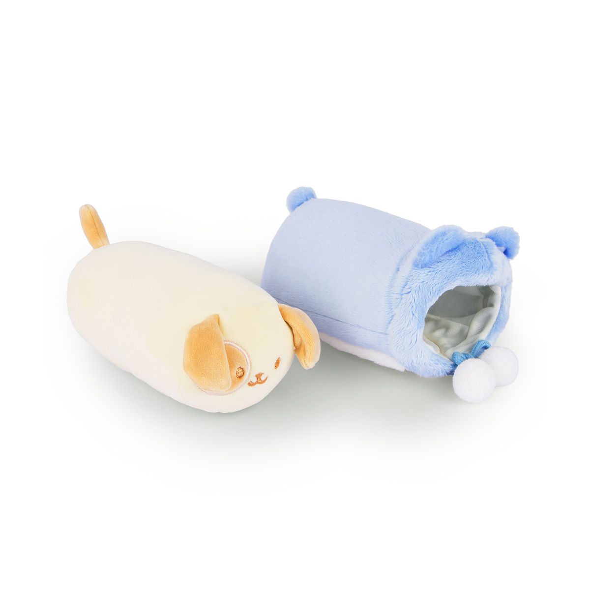 Puppiroll puppy plush shown outside its removable blue bear onesie Outfitz to show it is two pieces