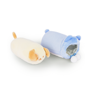 Puppiroll puppy plush shown outside its removable blue bear onesie Outfitz to show it is two pieces