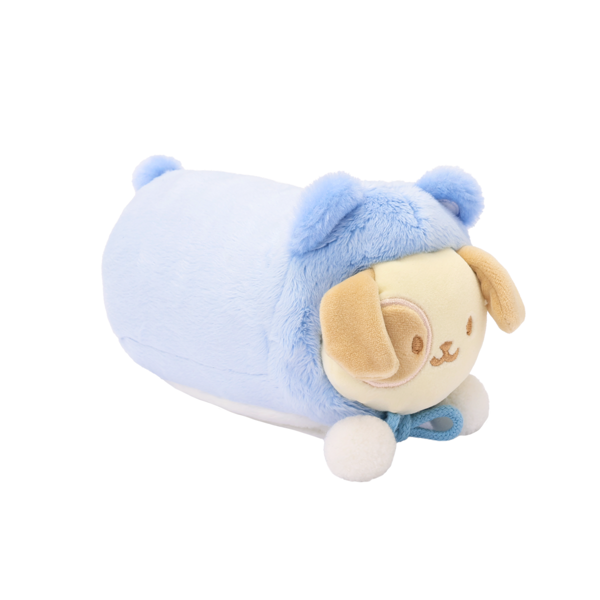 Bear Onesie Puppiroll plush: cream puppy with floppy tan ears wearing a pastel blue bear onesie