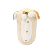 Underside of bunny onesie plush showing the white front panel with embroidered button details