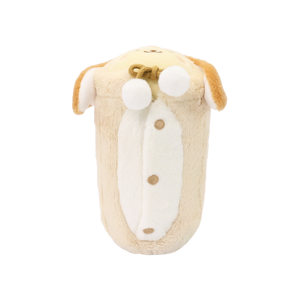 Underside of bunny onesie plush showing the white front panel with embroidered button details