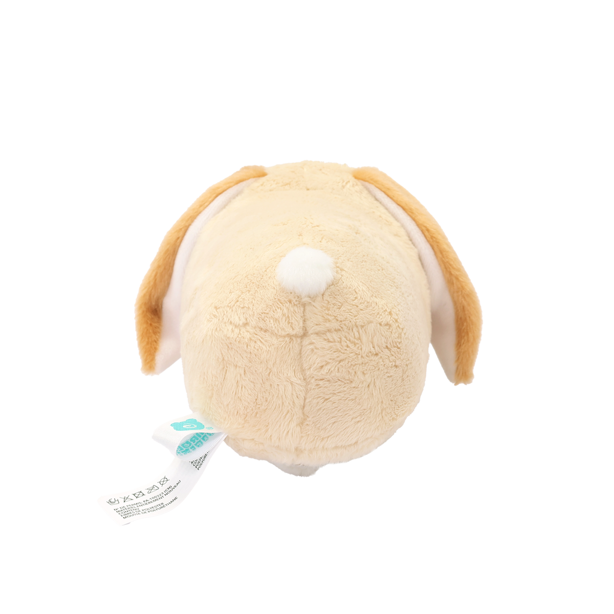 Back of lop bunny onesie plush with a white pompom tail and floppy ears