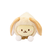 Front of Bunniroll plush in a lop bunny onesie with a smiling face and white pompom tie