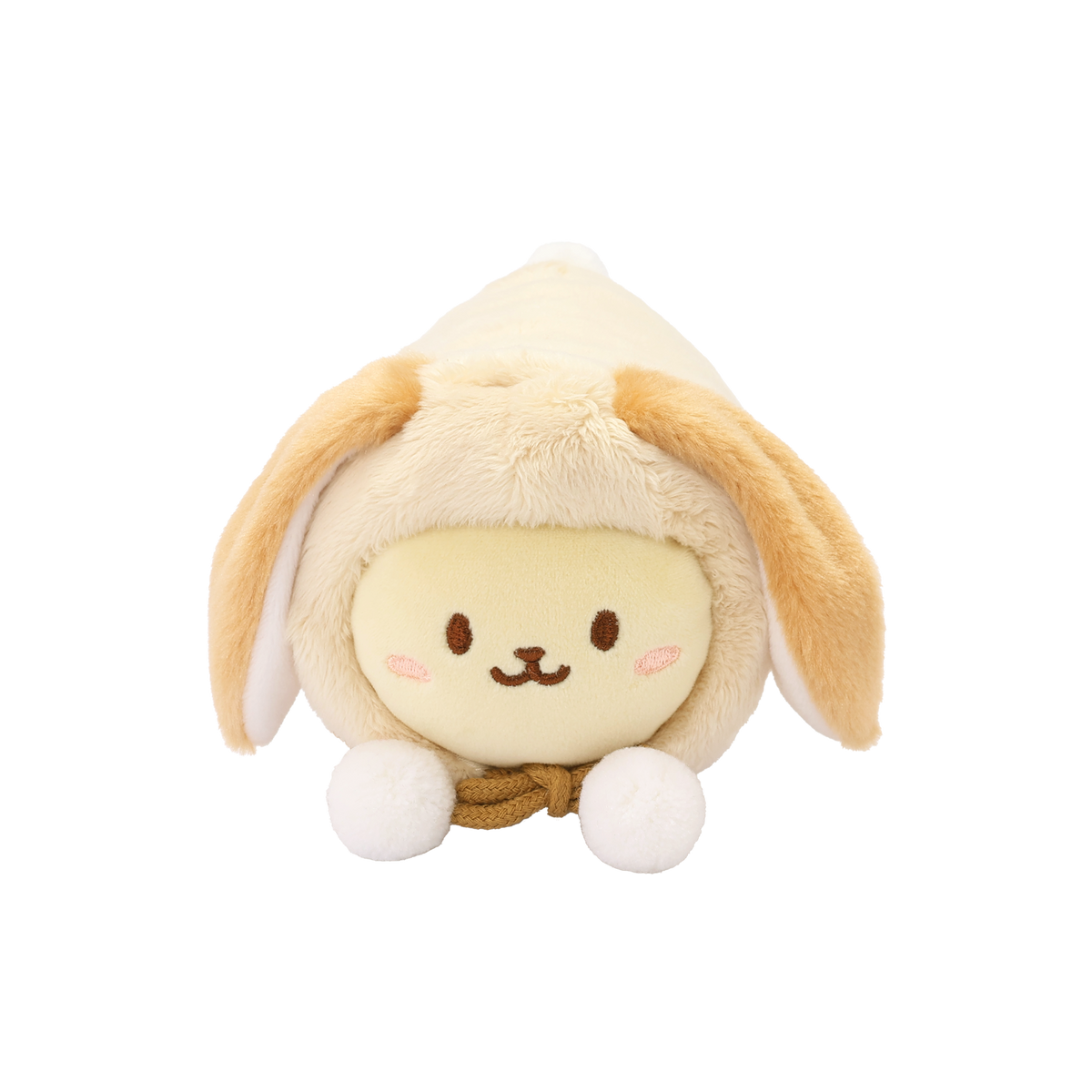 Front of Bunniroll plush in a lop bunny onesie with a smiling face and white pompom tie