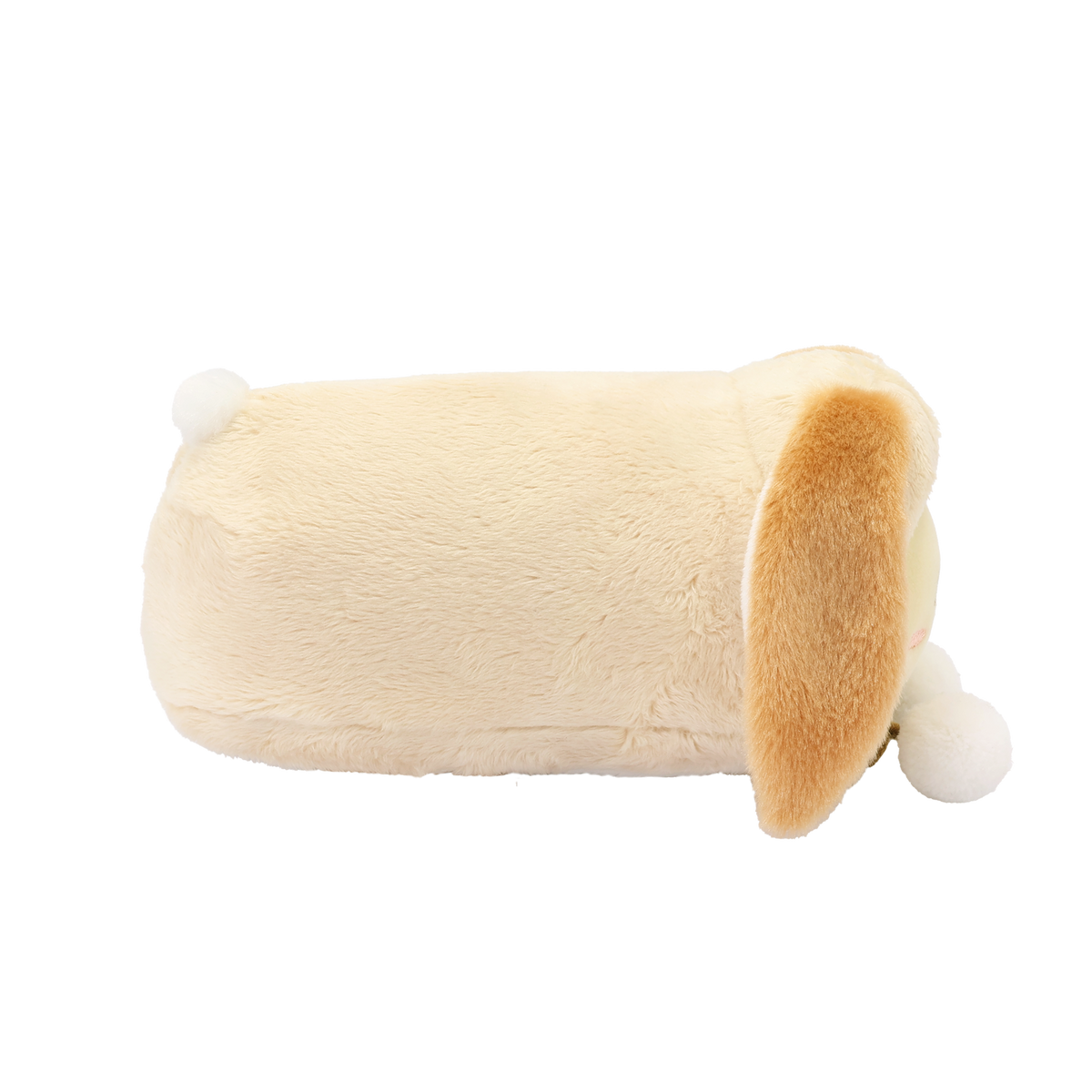 Side view of Bunny Onesie Bunniroll plush showing the floppy lop ear and pompom tail