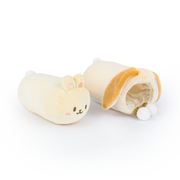 Bunniroll bunny plush shown outside its removable lop bunny onesie Outfitz to show it is two pieces