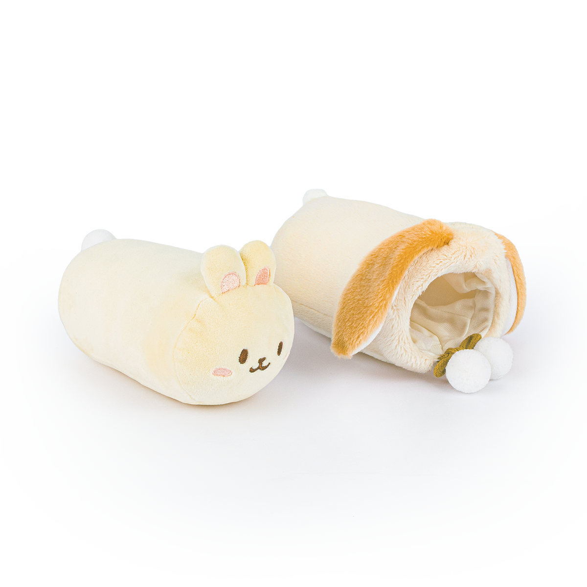 Bunniroll bunny plush shown outside its removable lop bunny onesie Outfitz to show it is two pieces