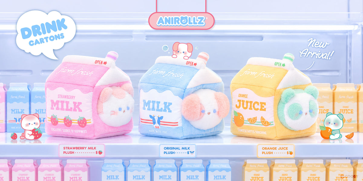 Anirollz drink carton plush: strawberry milk Kittiroll, milk Puppiroll, and orange juice Pandaroll on a fridge shelf