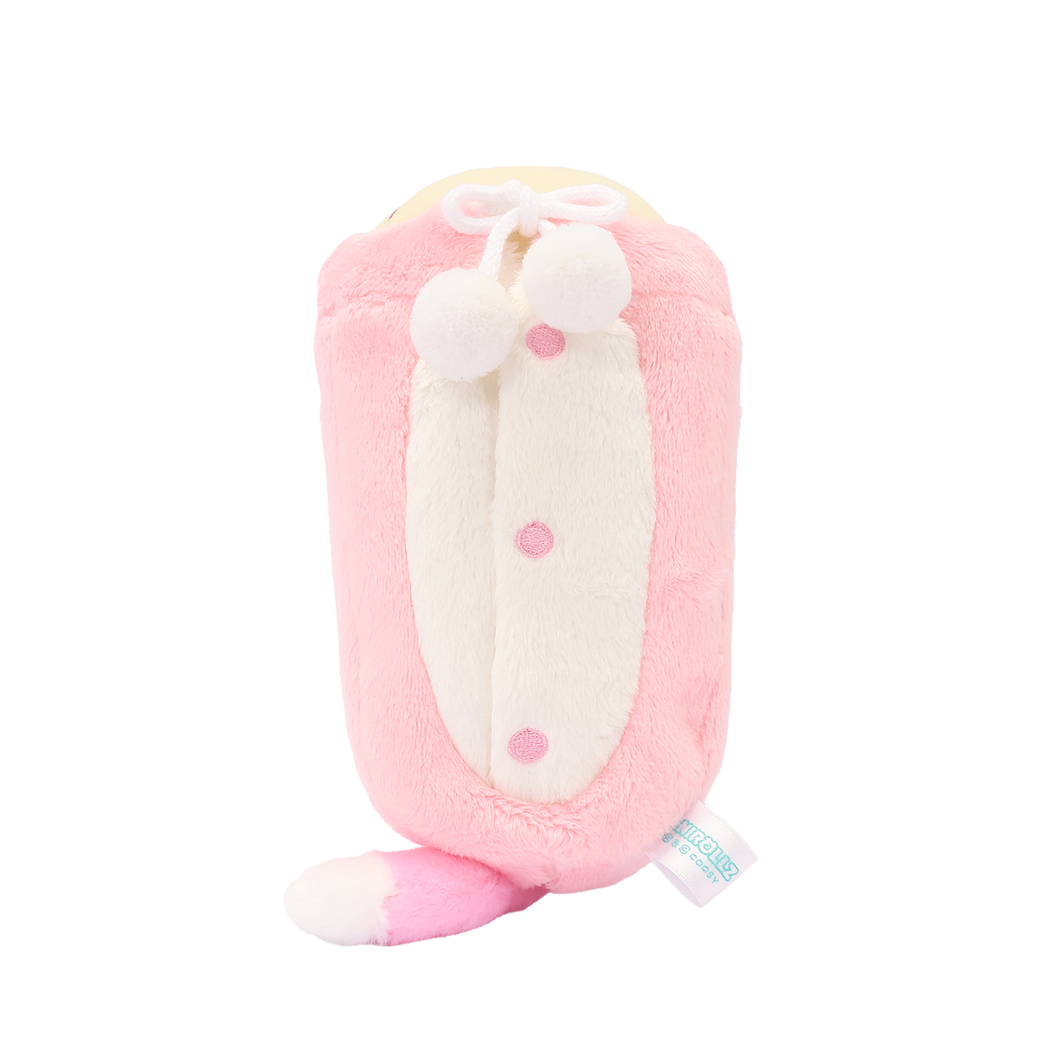 Underside of kitty onesie plush showing the white front panel with pink embroidered button details