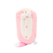Underside of kitty onesie plush showing the white front panel with pink embroidered button details