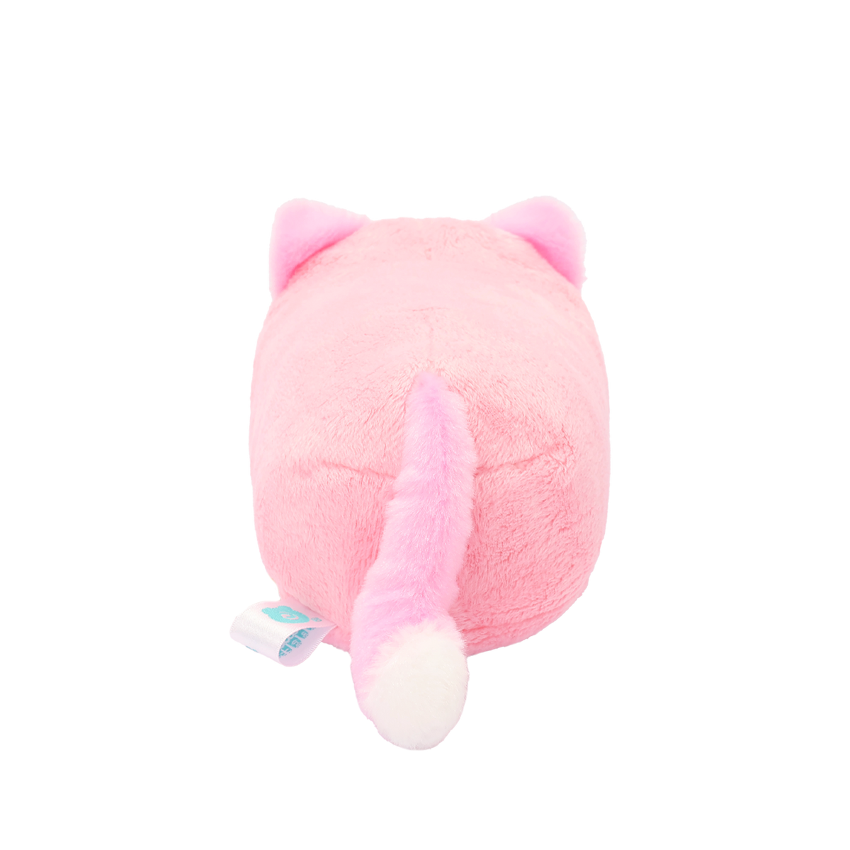 Back of pink kitty onesie plush with pointed ears and a long white-tipped tail