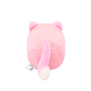 Back of pink kitty onesie plush with pointed ears and a long white-tipped tail