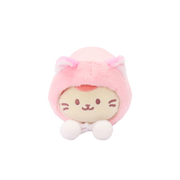 Front of Kittiroll plush in a pink kitty onesie with pointed ears, whiskers, and a white pompom tie