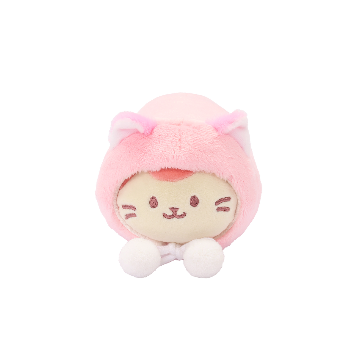 Front of Kittiroll plush in a pink kitty onesie with pointed ears, whiskers, and a white pompom tie