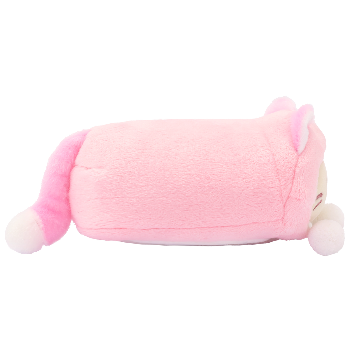 Side view of Kitty Onesie Kittiroll plush showing the long pink tail with a white tip