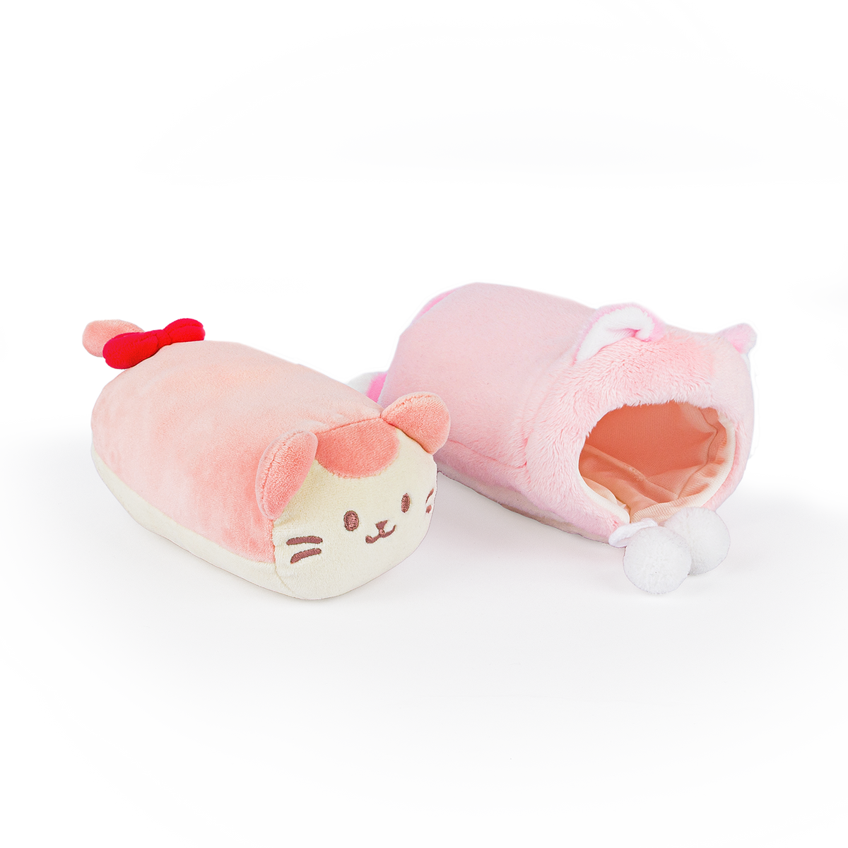 Kittiroll cat plush with a red bow shown outside its removable pink kitty onesie Outfitz