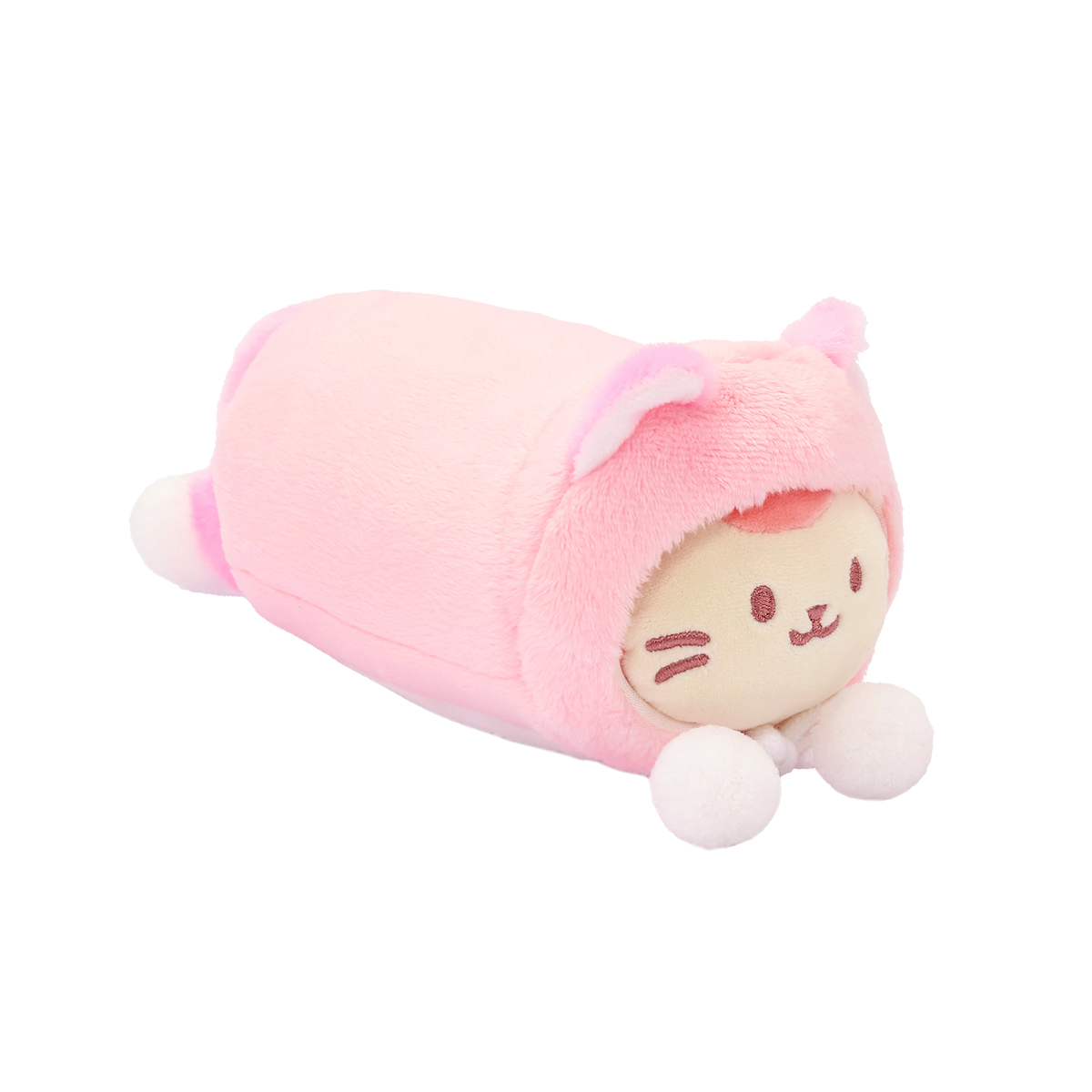 Kitty Onesie Kittiroll plush: cream cat face peeking out of a pastel pink kitty onesie hood