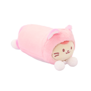 Kitty Onesie Kittiroll plush: cream cat face peeking out of a pastel pink kitty onesie hood
