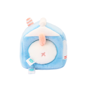 Back of the Puppiroll milk carton plush showing the puppy’s peach tail through the carton opening