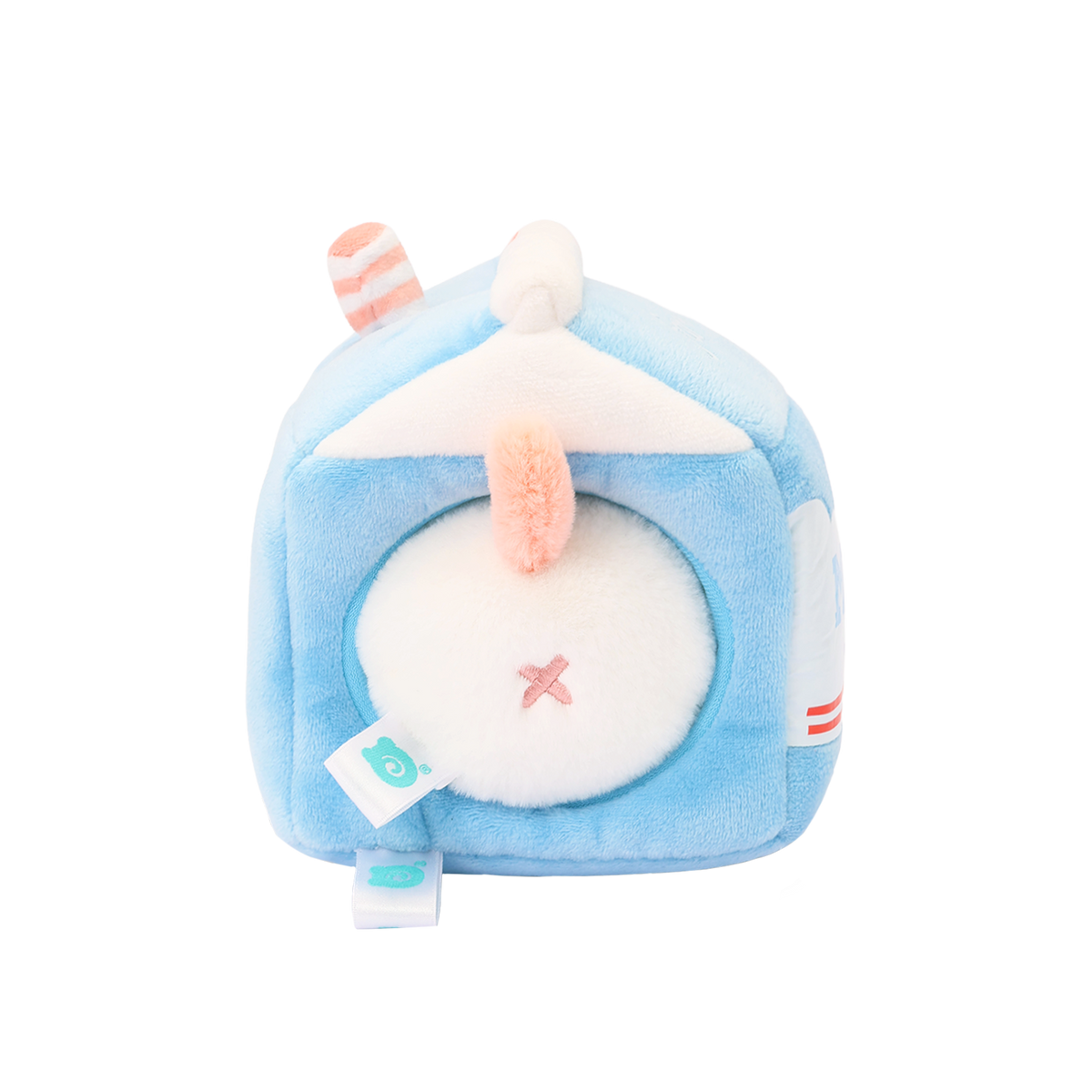 Back of the Puppiroll milk carton plush showing the puppy’s peach tail through the carton opening