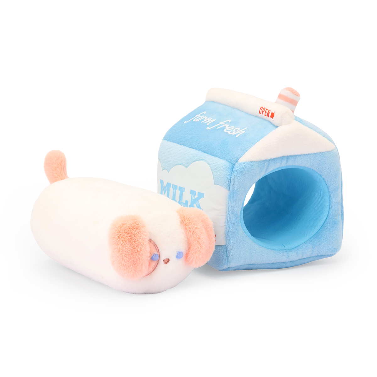 Puppiroll puppy plush shown outside its removable milk carton Outfitz to show it is two pieces