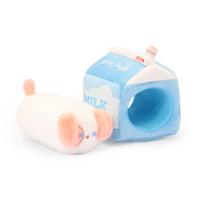 Puppiroll puppy plush shown outside its removable milk carton Outfitz to show it is two pieces