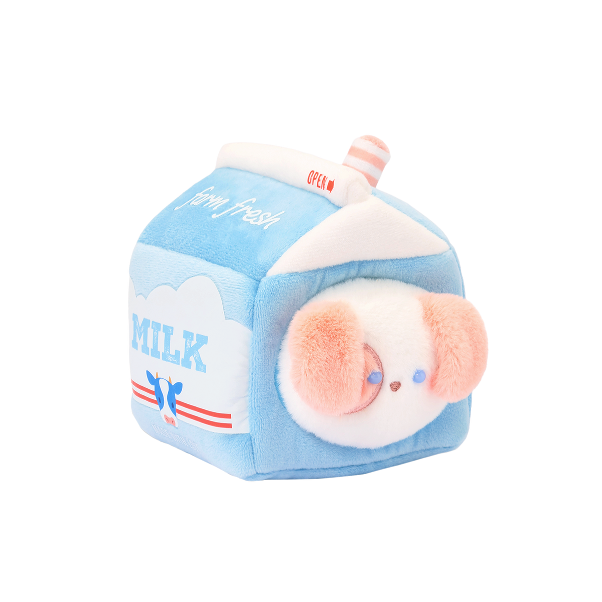 Milk Puppiroll plush: white puppy with peach ears peeking out of a pastel blue milk carton outfit