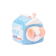 Milk Puppiroll plush: white puppy with peach ears peeking out of a pastel blue milk carton outfit