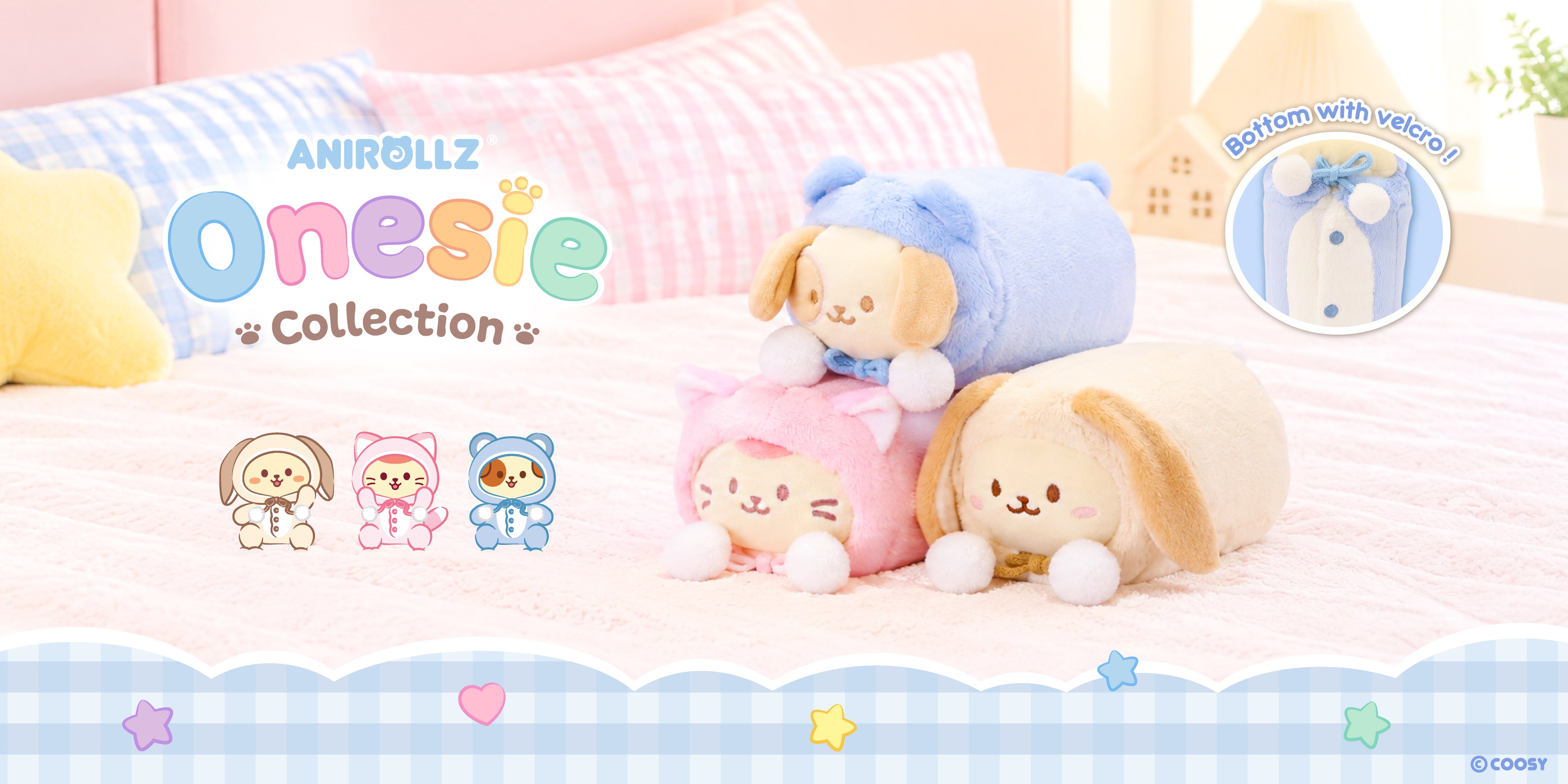 New Anirollz Onesie Collection: Puppiroll, Kittiroll, and Bunniroll in blue bear, pink kitty, and lop bunny onesies