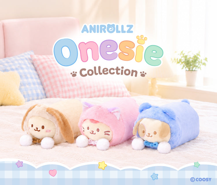 Anirollz Onesie Collection: Bunniroll, Kittiroll, and Puppiroll plush in bunny, kitty, and bear onesies on a bed