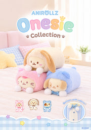 Stacked Anirollz onesie plushies in bunny, kitty, and bear onesies, with a close-up of the onesie front closure