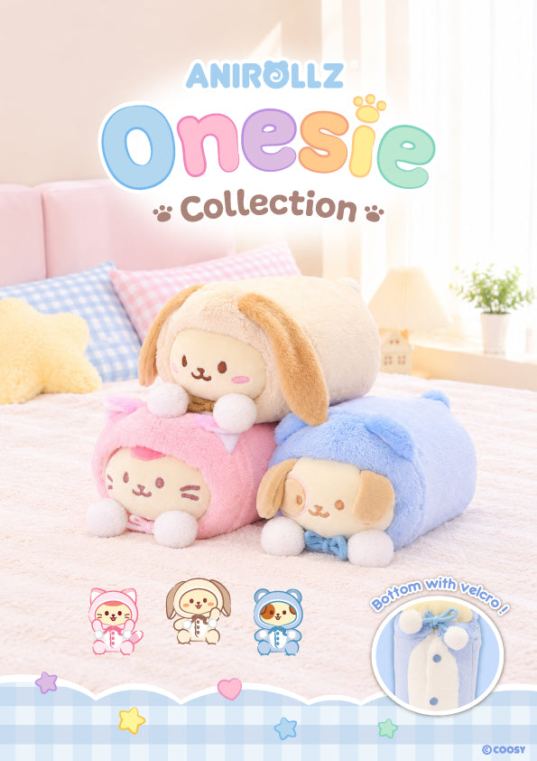 Stacked Anirollz onesie plushies in bunny, kitty, and bear onesies, with a close-up of the onesie front closure