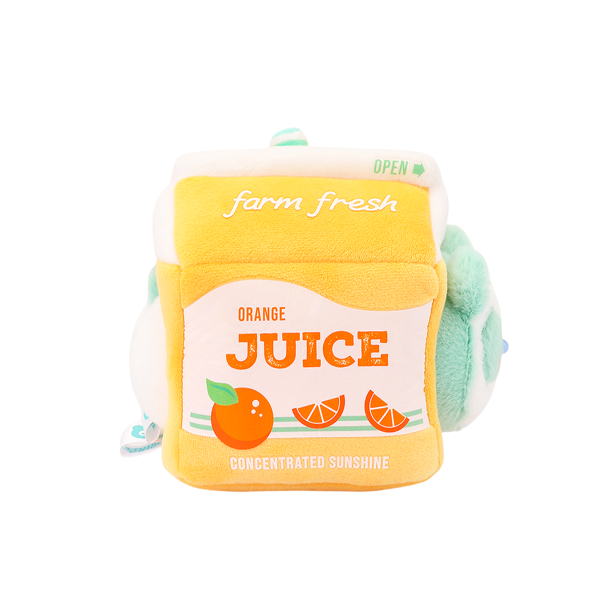 Left side of Anirollz orange juice carton plush with printed juice label